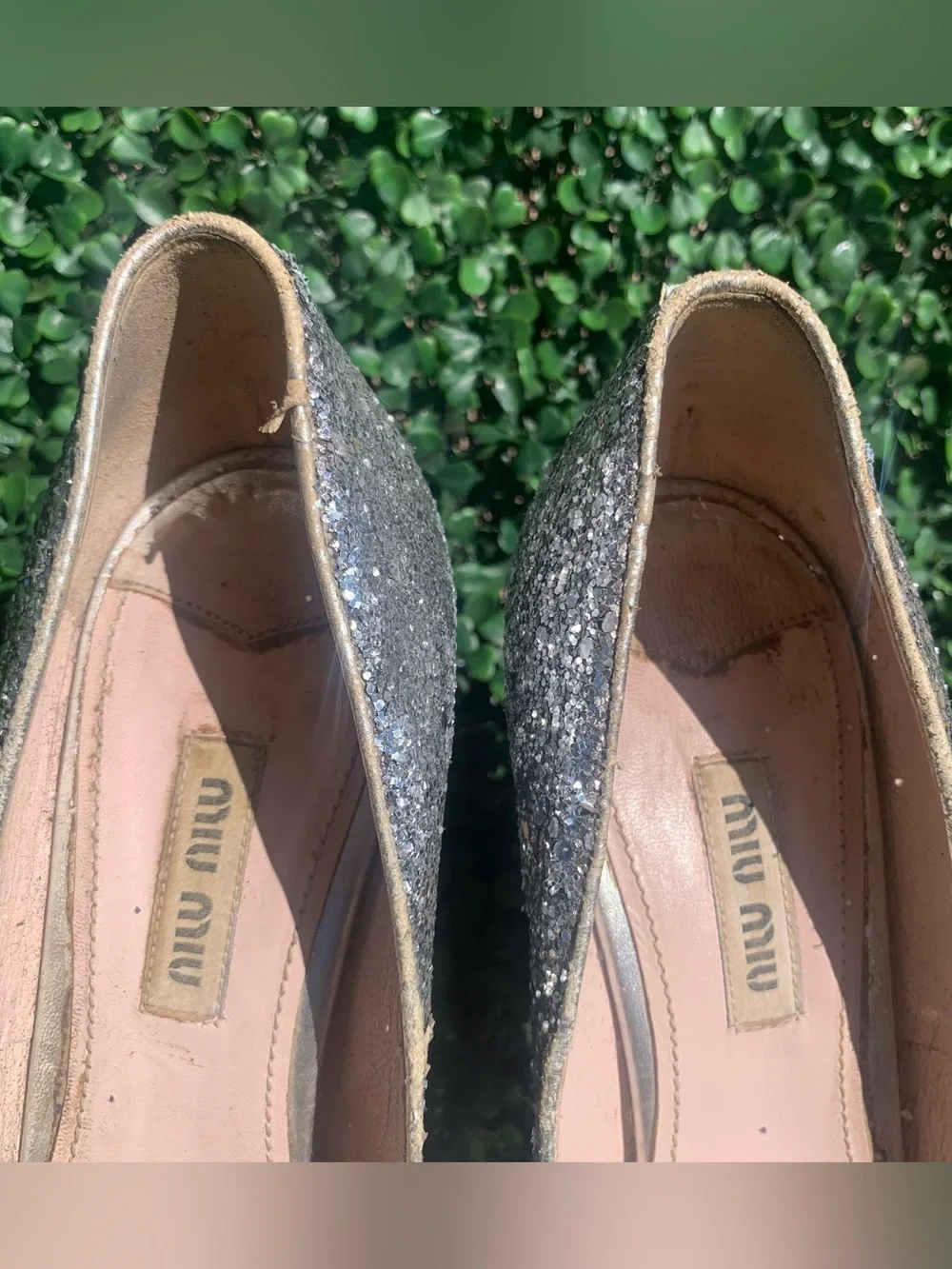 Refurbished Miu Miu silver glitter platform high chunky heels Sz 37 w/ 5” heel
